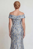 Grey Blue Flower Off the Shoulder Mermaid Long Mother of the Bride Dress