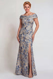 Grey Blue Flower Off the Shoulder Long Mother of the Bride Dress with Slit