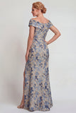 Grey Blue Flower Off the Shoulder Long Mother of the Bride Dress with Slit