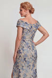 Grey Blue Flower Off the Shoulder Long Mother of the Bride Dress with Slit