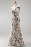 Grey Blue Flower One Shoulder Mermaid Mother of the Bride Dress with Bowknot
