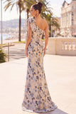 Grey Blue Flower One Shoulder Mermaid Mother of the Bride Dress with Bowknot