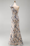 Grey Blue Flower One Shoulder Mermaid Mother of the Bride Dress with Bowknot