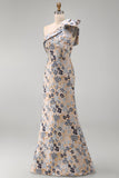 Grey Blue Flower One Shoulder Mermaid Mother of the Bride Dress with Bowknot