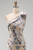 Grey Blue Flower One Shoulder Mermaid Mother of the Bride Dress with Bowknot