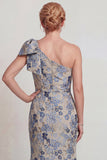 Grey Blue Flower One Shoulder Mermaid Mother of the Bride Dress with Bowknot