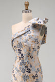 Grey Blue Flower One Shoulder Mermaid Mother of the Bride Dress with Bowknot