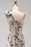 Grey Blue Flower One Shoulder Mermaid Mother of the Bride Dress with Bowknot
