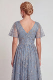 Sparkly Grey Blue Flower Appliqued V Neck A-Line Long Mother of the Bride Dress with Sleeve