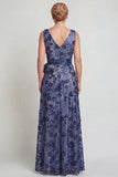 Dark Blue Flower V Neck A-Line Long Mother of the Bride Dress with Bowknot