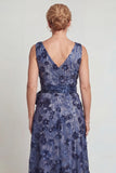 Dark Blue Flower V Neck A-Line Long Mother of the Bride Dress with Bowknot