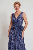 Dark Blue Flower V Neck A-Line Long Mother of the Bride Dress with Bowknot