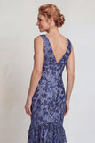 Dark Navy Flower Appliqued V Neck Mermaid Mother of the Bride Dress