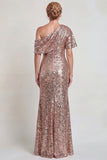 Sparkly Champagne One Shoulder Long Mother of the Bride Dress with Sequins