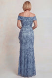 Grey Blue Sequins Off the Shoulder Mother of the Bride Dress with Ruffle Slit