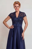 Grey Blue Appliqued A Line Satin Mother of the Bride Dress with Slit