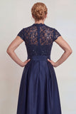 Grey Blue Appliqued A Line Satin Mother of the Bride Dress with Slit