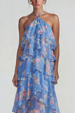Blue Pink Printed Flower Halter Tiered Chiffon A Line Midi Dress with Ruffles