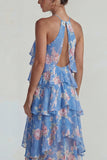 Blue Pink Printed Flower Halter Tiered Chiffon A Line Midi Dress with Ruffles