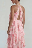 Blue Pink Printed Flower Halter Tiered Chiffon A Line Midi Dress with Ruffles