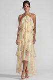 Blue Pink Printed Flower Halter Tiered Chiffon A Line Midi Dress with Ruffles