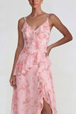 Blue Ruffled Pink Floral Chiffon A Line Midi Dress with Slit