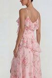 Blue Ruffled Pink Floral Chiffon A Line Midi Dress with Slit