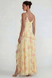 Blue Ruffled Pink Floral Chiffon A Line Midi Dress with Slit