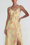 Blue Ruffled Pink Floral Chiffon A Line Midi Dress with Slit