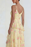 Blue Ruffled Pink Floral Chiffon A Line Midi Dress with Slit