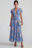 Blue Deep V Neck Pink Floral Chiffon A Line Midi Dress with Bowknot