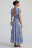 Blue Deep V Neck Pink Floral Chiffon A Line Midi Dress with Bowknot