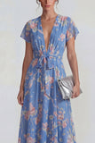 Blue Deep V Neck Pink Floral Chiffon A Line Midi Dress with Bowknot