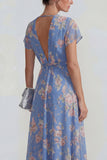 Blue Deep V Neck Pink Floral Chiffon A Line Midi Dress with Bowknot
