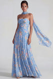 Blue Chiffon Floral Strapless Ruched A Line Long Formal Dress with Ribbons