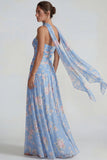 Blue Chiffon Floral Strapless Ruched A Line Long Formal Dress with Ribbons