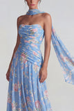 Blue Chiffon Floral Strapless Ruched A Line Long Formal Dress with Ribbons