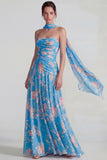 Blue Chiffon Floral Strapless Ruched A Line Long Formal Dress with Ribbons
