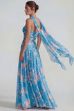 Blue Chiffon Floral Strapless Ruched A Line Long Formal Dress with Ribbons