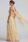 Blue Chiffon Floral Strapless Ruched A Line Long Formal Dress with Ribbons