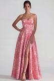 Blush Jacquard Strapless Ruched A Line Long Formal Dress with Slit