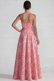 Blush Jacquard Strapless Ruched A Line Long Formal Dress with Slit