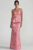 Blush Jacquard Strapless Rufffled Sheath Long Formal Dress