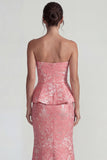 Blush Jacquard Strapless Rufffled Sheath Long Formal Dress