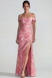 Blush Jacquard Off the Shoulder Ruched Sheath Long Formal Dress with Slit