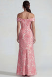 Blush Jacquard Off the Shoulder Ruched Sheath Long Formal Dress with Slit