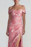 Blush Jacquard Off the Shoulder Ruched Sheath Long Formal Dress with Slit