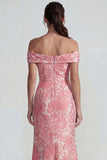 Blush Jacquard Off the Shoulder Ruched Sheath Long Formal Dress with Slit