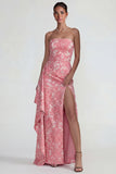 Blush Jacquard Ruffled Strapless Sheath Long Formal Dress with Slit