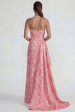 Blush Jacquard Ruffled Strapless Sheath Long Formal Dress with Slit